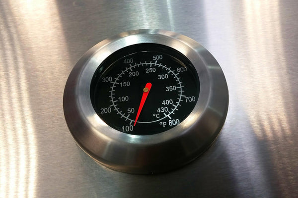 metal temperature gauge showing about 100°F, scale from 100 to 800°F and 50 to 430°C