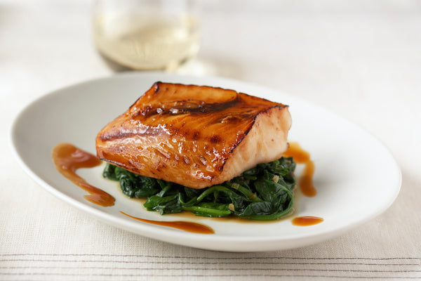 honey broiled alaskan black cod in a small plate