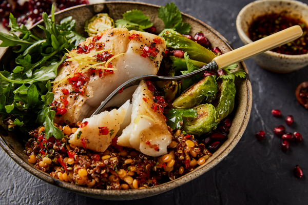 honey red pepper glazed alaskan black cod with veggies on the side