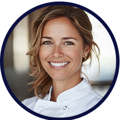 Smiling woman wearing a white chef's coat