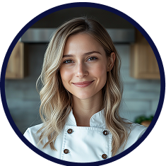 Smiling female chef with blonde hair in white chef coat