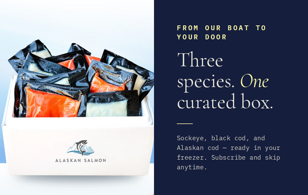 Box of Alaskan salmon with text about subscription service on a blue and white background