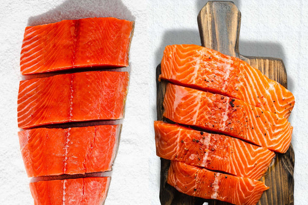 Side-by-side comparison of wild salmon (left) and farmed salmon (right) fillets, showing color and texture differences
