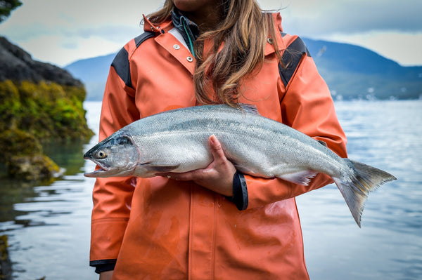 Person in orange rain jacket holding a large silver salmon by the water with mountains in the background