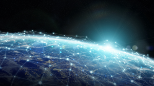 Digital network connections over Earth from space representing blockchain technology
