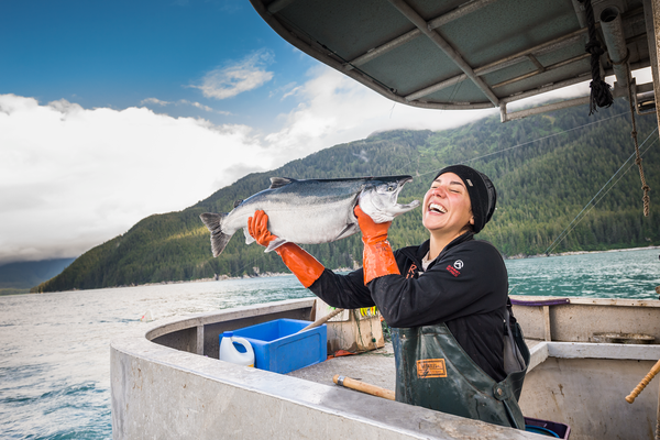 Person on a boat holding a large fish with mountains and water in the background