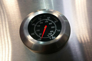 metal temperature gauge showing about 100°F, scale from 100 to 800°F and 50 to 430°C