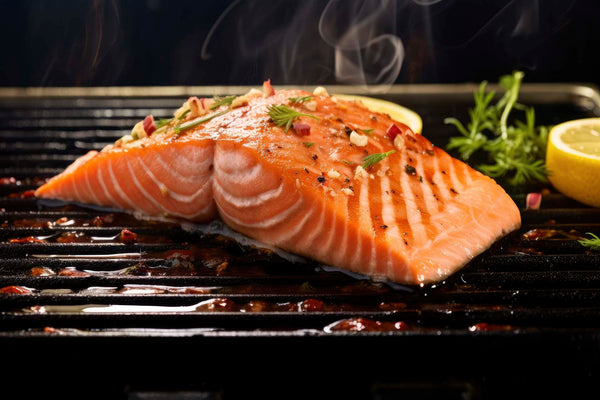 Grilled salmon fillet with herbs and lemon halves on a hot grill, steam rising