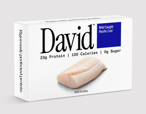 David — Wild Caught Pacific Cod; 23g Protein | 100 Calories | 0g Sugar; Rigorously perfected protein. Net Wt. 24 oz (680 g)