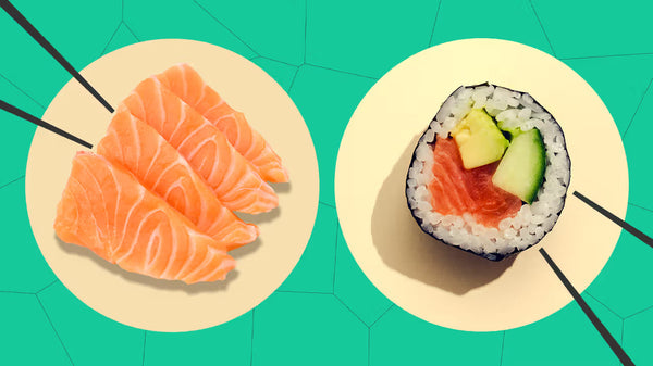 Left: three salmon sashimi slices on beige circle; right: salmon-and-avocado maki roll on beige circle with chopsticks.