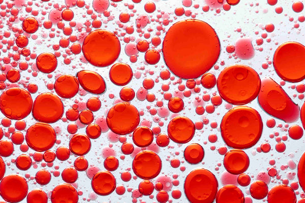 Red-orange oil droplets of varying sizes suspended in clear liquid, creating a pattern of circular bubbles.