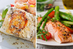 Split view: seared mahi mahi fillet (left) and roasted salmon with asparagus and cherry tomatoes (right)