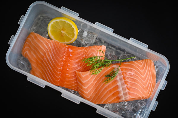 salmon fillet in a container with ice
